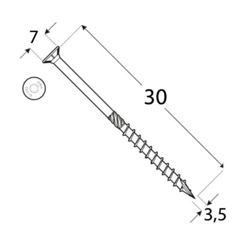 Vrut stavební konstrukční, zapuštěná hlava 3,5x 30mm TORX15, ZZ