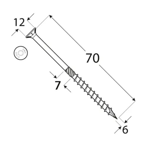 Vrut stavební konstrukční, zapuštěná hlava 6,0x 70mm TORX30, ZZ