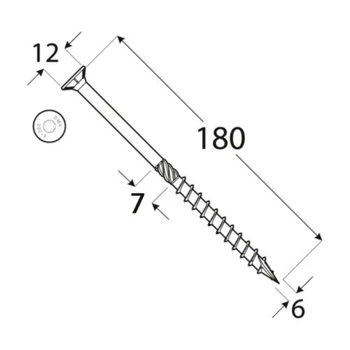 Vrut stavební konstrukční, zapuštěná hlava 6,0x180mm TORX30, ZZ