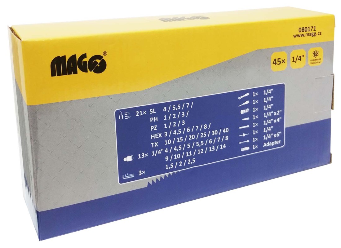 Bity - sada bitů a hlavic s ráčnou 1/4" - 45ks
